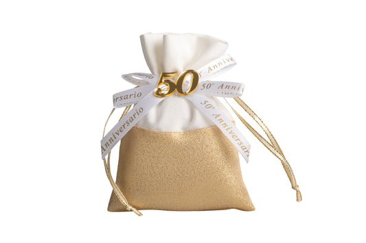 Sacchetto bianco gold con applicazione 50^