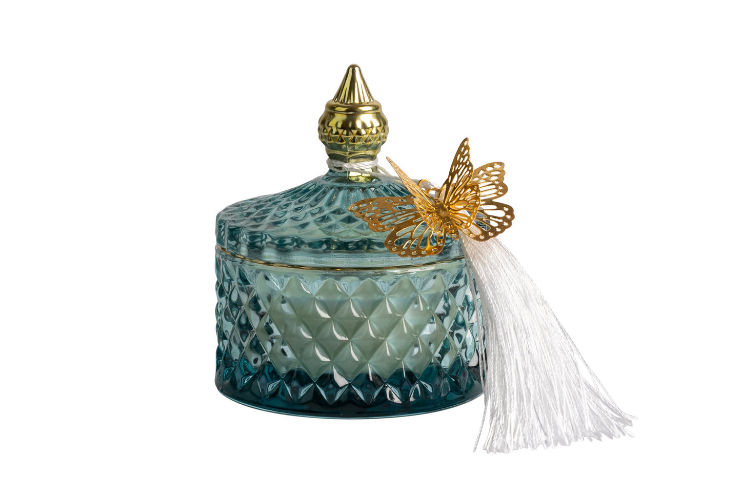 Candela vetro profumata Wild Teakwwod cilindro azzurra con tassel e farfallina oro