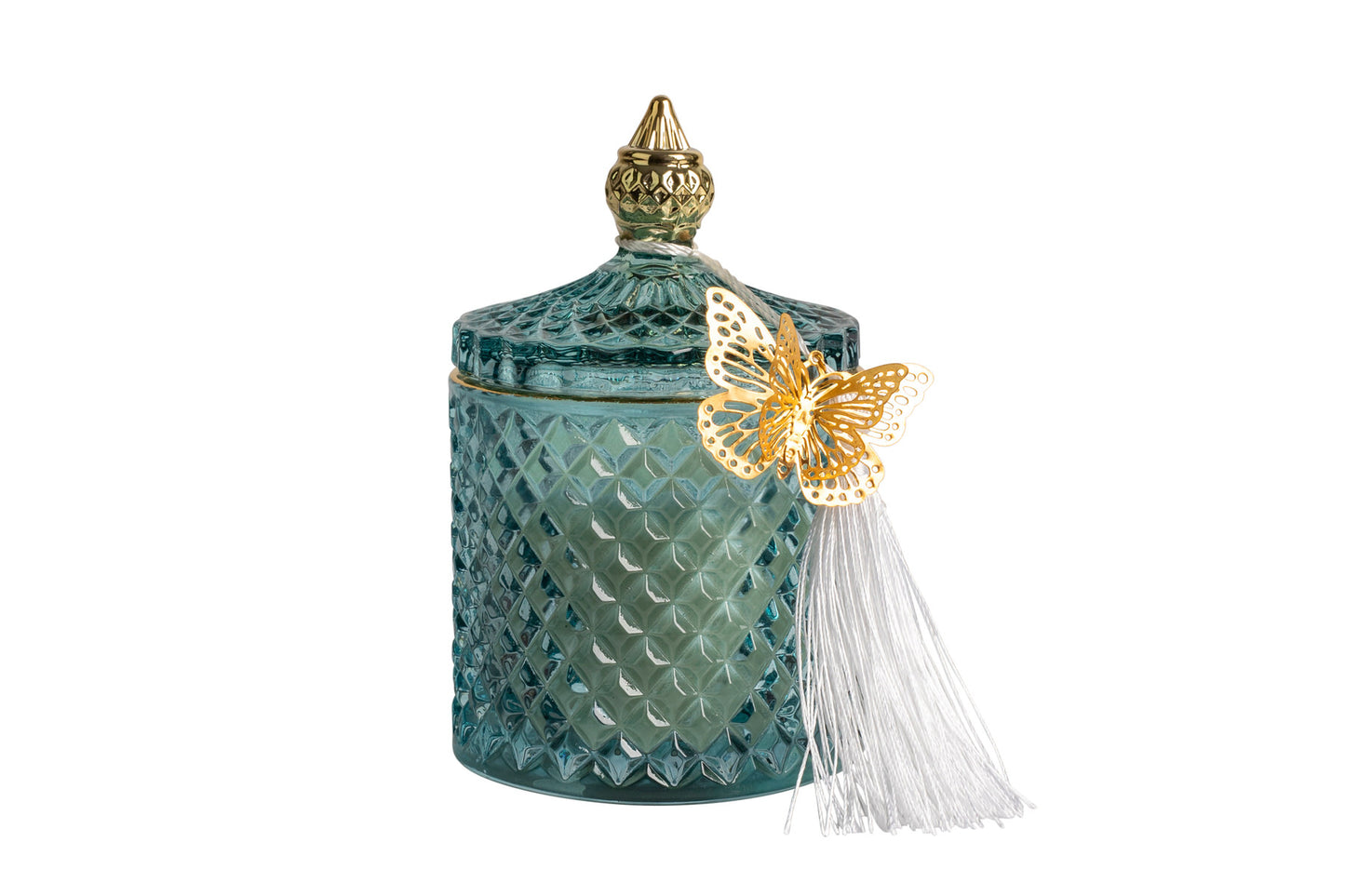 Candela vetro profumata Wild Teakwwod cilindro azzurro con tassel e farfallina oro